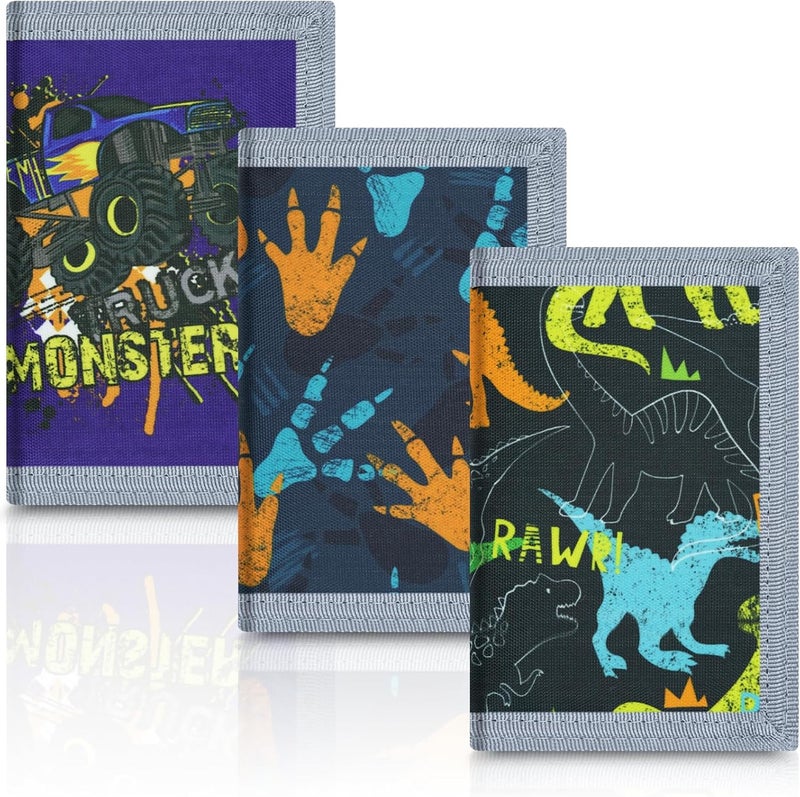 Sundee 3 Packs Kids Wallet Bulk, Mini Trifold Coin Purse Cartoon Wallet, RFID Blocking Wallet, Front Pocket Wallet with Zipper for Kids, Canvas Outdoor Sports Wallets with Magic Sticker - Dinosaur 3 - Image 1